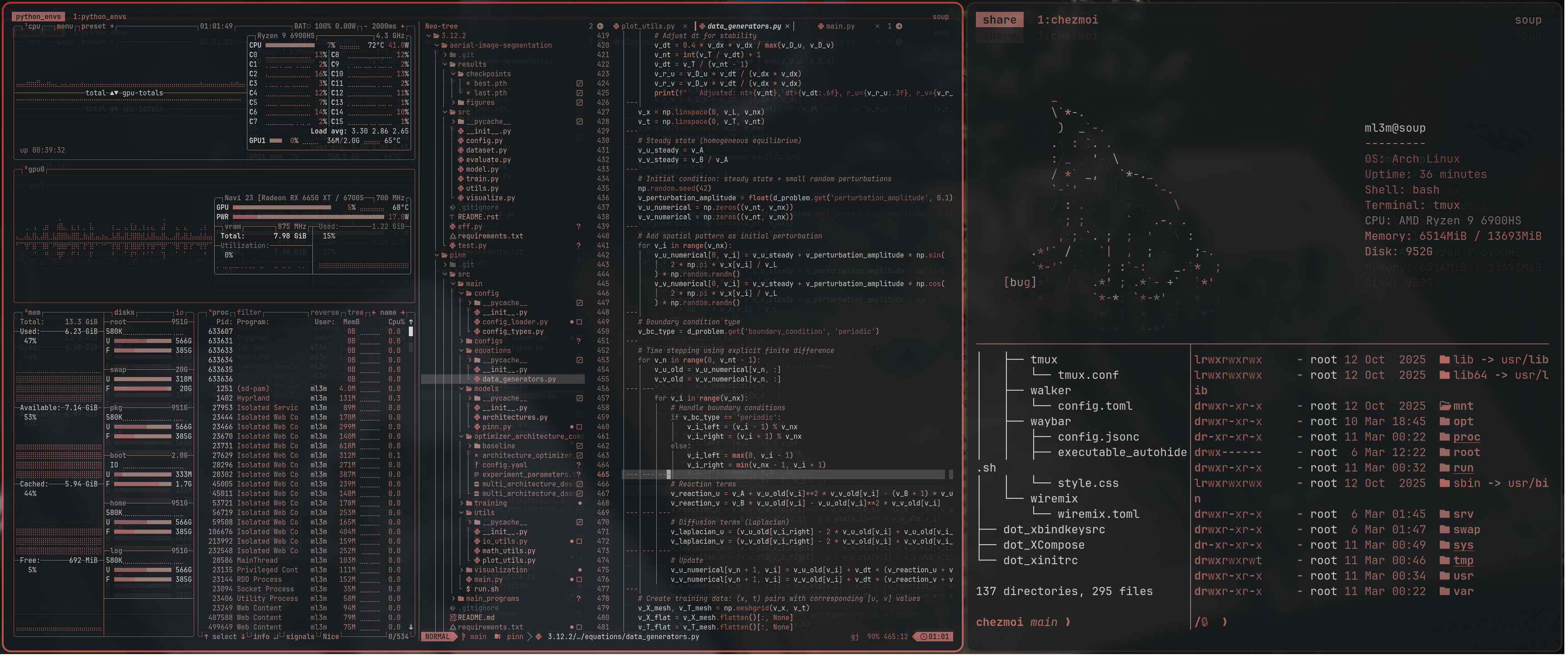 The workspace: tmux, btop, neovim, chezmoi, and mlemfetch all at once