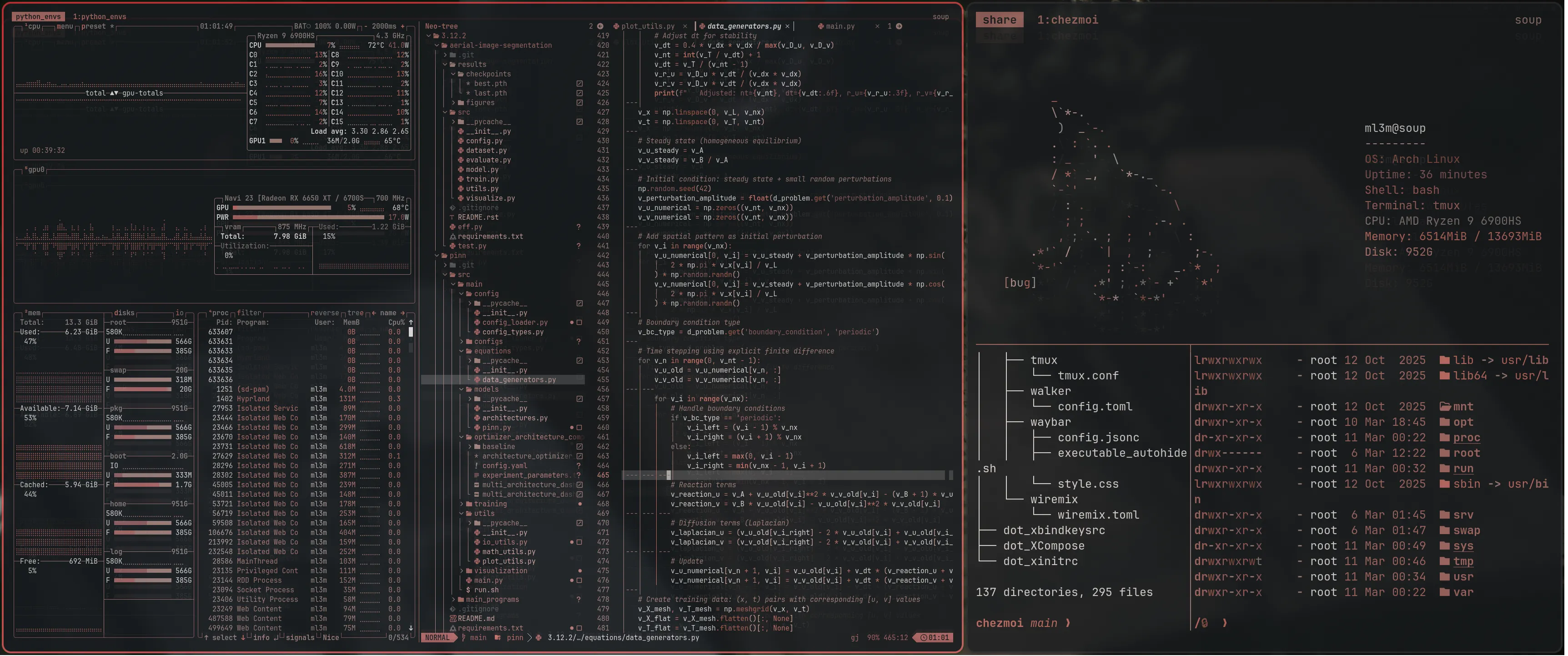The workspace: tmux, btop, neovim, chezmoi, and mlemfetch all at once